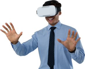Happy businessman using vr glasses