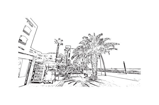 recommend clip art: Building view with landmark of Quarteira is the municipality in Portugal. Hand drawn sketch illustration in vector.