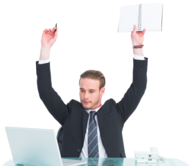 Businessman with arms up holding pencil and notebook