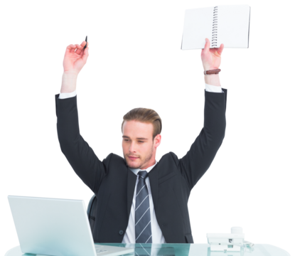 Businessman with arms up holding pencil and notebook
