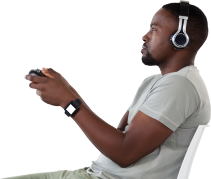 Man playing video game against white background