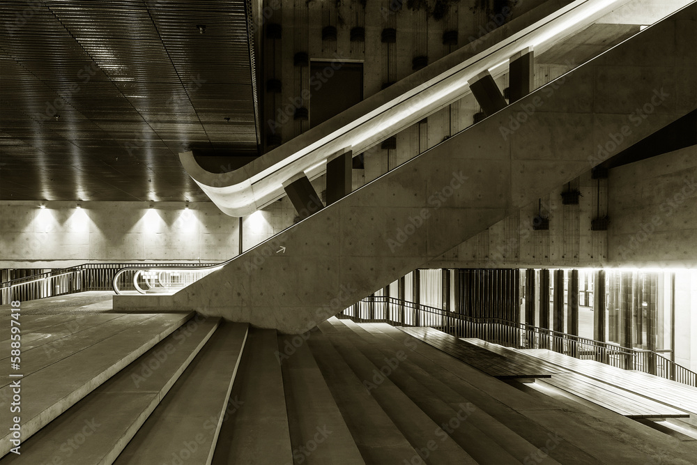Aufkleber interior view of stairway and escalator in modern architecture
