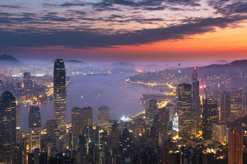 Victoria harbor of Hong Kong city at dawn