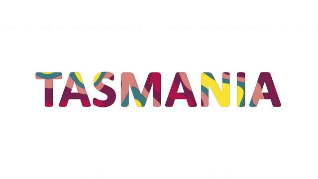 Multi-colored inscription Island name TASMANIA with colored spots floating inside. Looped from frame 120 to 839, Alpha BW at the end