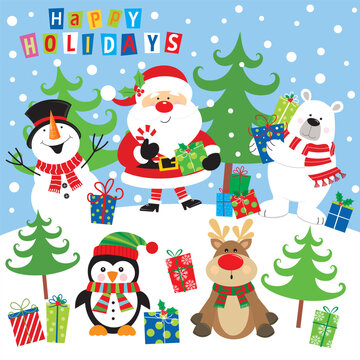 christmas card with snowman, santa, penguin, reindeer and polar bear