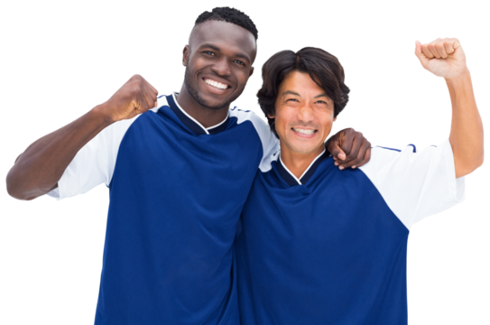 Portrait of two football players rejoicing