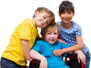 Cute pupils hugging at the library 