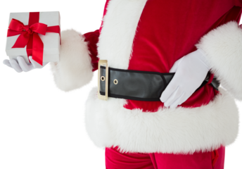 Mid section of santa holding gift