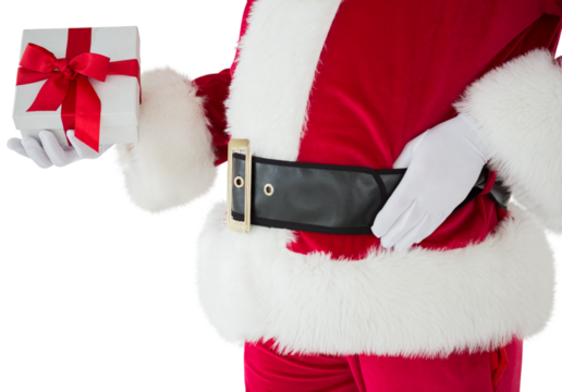 Mid section of santa holding gift
