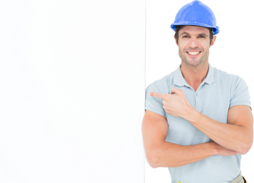 Smiling architect with bill board over white background