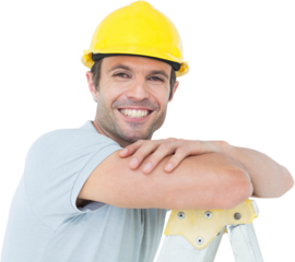 Happy technician leaning on step ladder