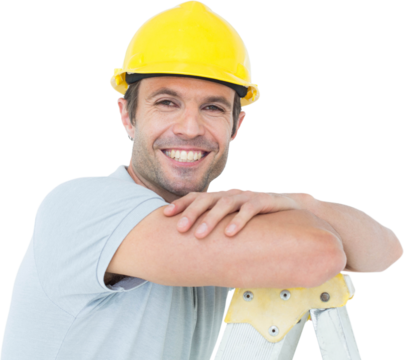 Happy technician leaning on step ladder