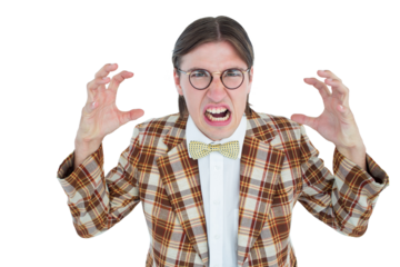 Furious geeky hipster looking at camera