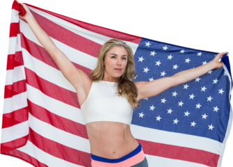 Athlete posing with american flag after victory
