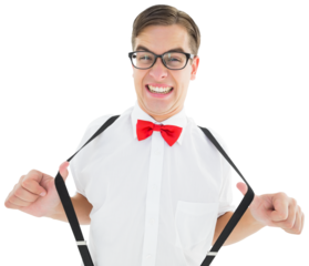 Geeky hipster pulling his suspenders