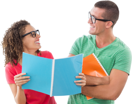 Smiling business people wearing glasses while holding notepads