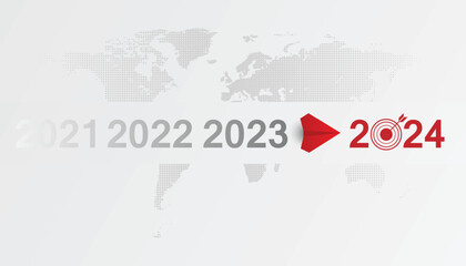 Red plane flying to 2024. Red plane heading towards goal, plan, action, vision. 2024 logo icon, New Year logo. 2024 calendar design elements elegant contrast numbers layout.