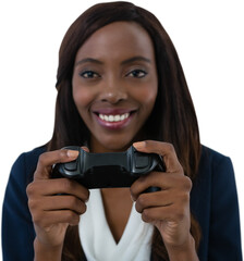 Close-up of smiling businesswoman playing video game