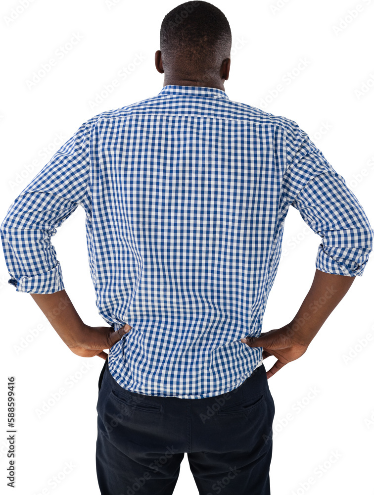 Poster man looking at invisible virtual screen against white background