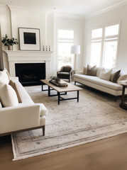 A white living room with a rug, wooden floors and an antique fireplace, in the style of earth tone color palette, multi layered, natural fibers, rug, cottagecore, large canvas sizes, ai generative