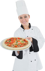 Happy female chef with pizza 