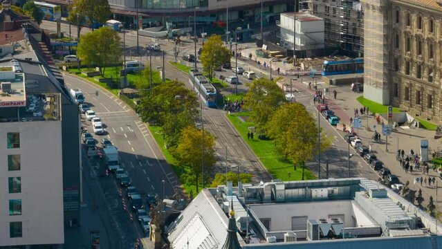sunny day munich city center traffic street square aerial panorama 4k timelapse germany