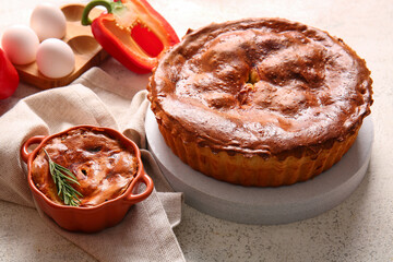 Delicious meat pies on white grunge table, closeup