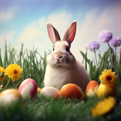 Easter bunny and eggs on green grass field spring meadow, digital art illustration. Generative AI