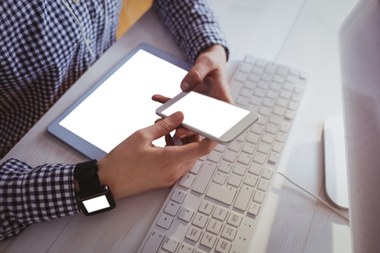 Close up view of businesswoman with technologies