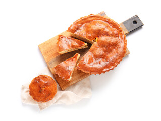 Board with delicious meat pies isolated on white background