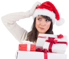 Santa woman scratching head and holding gifts