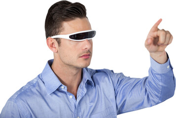 Man pointing while using virtual video glasses