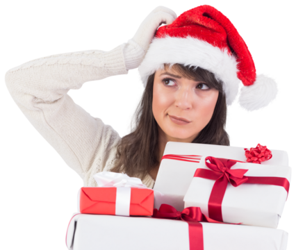 Santa woman scratching head and holding gifts