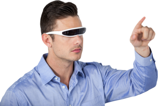 Man pointing while using virtual video glasses