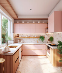 Contemporary kitchen design, in the style of linear and airy, traditional Vietnamese, light pink, light green and gold, Ai Generative
