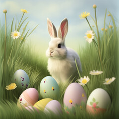 Easter bunny and eggs on green grass field spring meadow, digital art illustration. Generative AI