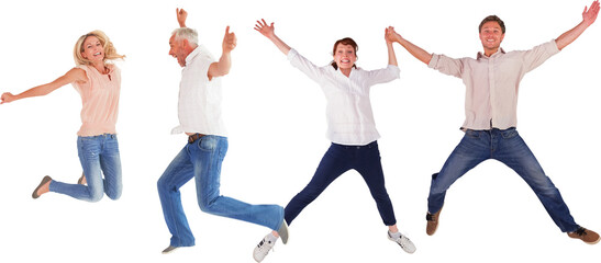 Men and women jumping against white background
