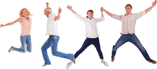Men and women jumping against white background