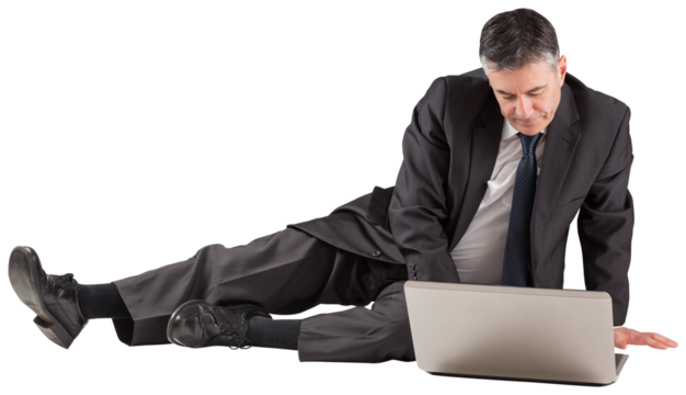 Mature businessman sitting using laptop