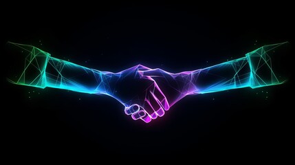 Handshake in digital futuristic style. The concept of partnership, collaboration or teamwork. Vector illustration with light effect and neon