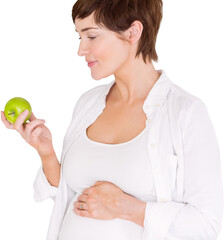 Beautiful pregnant woman eating green apple
