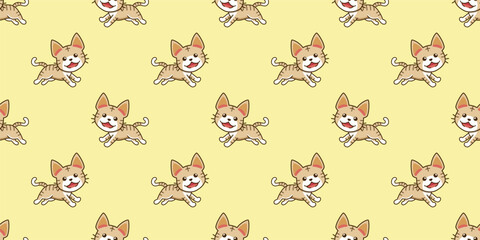 Vector cartoon character tabby cat seamless pattern background for design.