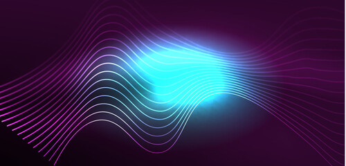 Obraz premium Shiny glowing neon wave. Neon light or laser show, electric impulse, power lines, techno quantum energy impulse, magic glowing dynamic lines