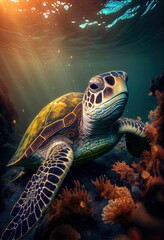  Sea turtle with barnacles on its shell basking in the sun, generative ai