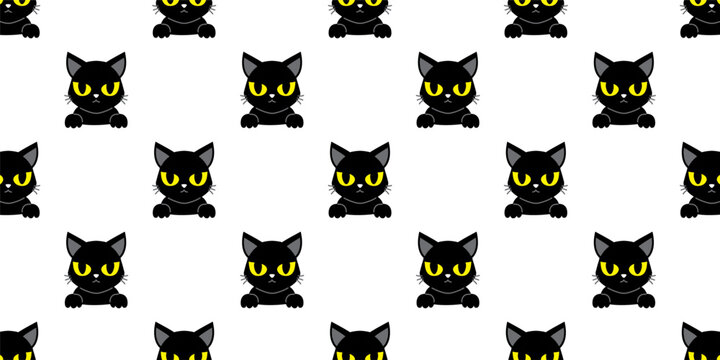 Vector character black cat seamless pattern background for design.