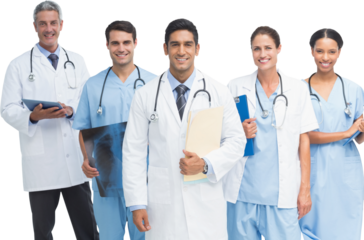 Portrait of male doctor with medical team