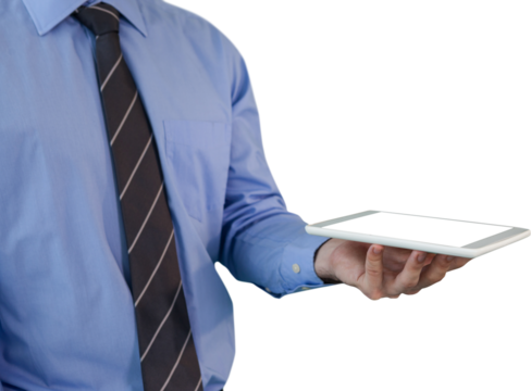 Mid section of businessman holding tablet PC