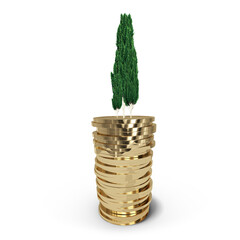 Composite image of pile of gold coins and tree