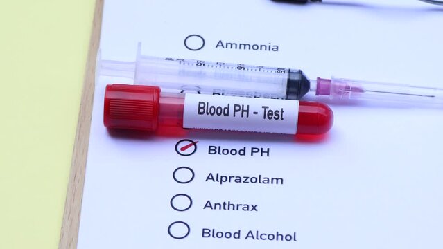 Blood pH test to look for abnormalities from blood,  blood sample to analyze in the laboratory, blood in test tube