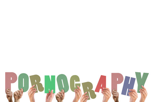 Colorful alphabet spelling pornography held up by people 
